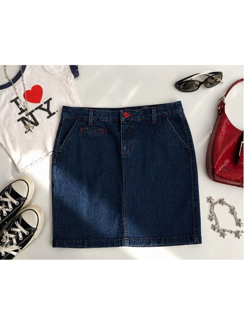 Vintage Y2K Old Navy Low Rise Denim Skirt Womens 10 Pencil Skirt Red Stitching